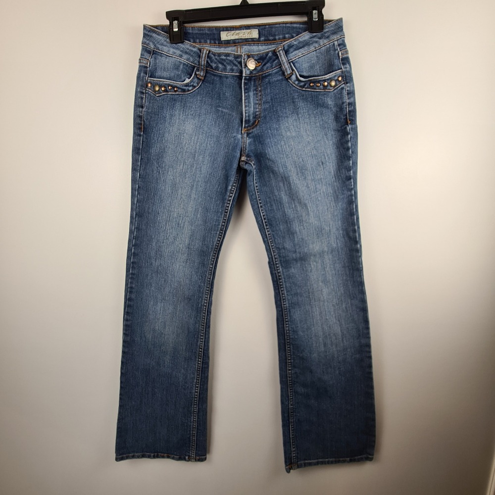 Clash Jeans USA Womens Size 7 Medium Wash Studded Embroidered Straight Leg Denim